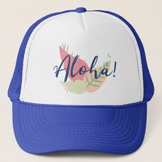 Gorra Aloha Trucker Hat, Adult Unisex, Size: Large, White and Royal Blue Letter Print Trucker Hat For Beach, Customizable Snapback Trucker Hat For Beach, Customizable Trucker Snapback Hat For Beach, Customizable White Trucker Hat For Outdoor, Customizable Adjustable Blue Trucker Hat, Farmer Fashion, Baseball Caps Fashion, Hat Embroidery, Mesh Hat