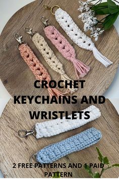 crochet keychains and wristlets with text overlay