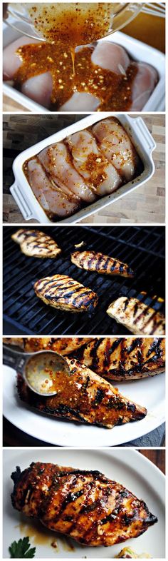 grilled fish is being served on plates with sauce and seasoning in the background