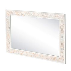 a white framed mirror with mother of pearl inlays on the edges and an acrylic frame