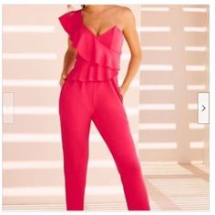 Brand New With Tags Alexia Admor For Boston Proper Pink One Shoulder Jumpsuit Size 6 This Hot Pink Pant Suit Has An Asymmetric Ruffle Shoulder With Boning In The Bodice For Shape Chic Pink One-shoulder Jumpsuit, Pink Pant Suit, Boat Neck Jumpsuit, Pink Pant, Hot Pink Pants, Black Sleeveless Jumpsuit, Polka Dot Jumpsuit, Off Shoulder Jumpsuit, Sequin Rompers