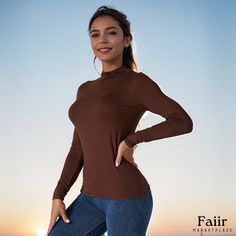 Long Sleeve Half Turtleneck Slim Fit Base Shirt Innerwear Top Casual High Stretch Solid Color Tops, Fitted Solid Brown Tops, Fitted Brown Solid Color Top, Casual High Stretch Tops For Fall, Basic High Stretch Tops For Fall, Fitted Basic Winter Tops, Brown Stretch Turtleneck Tops, Fitted Plain Tops For Winter, Winter Basic Fitted Tops