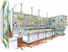 a drawing of a store filled with lots of shelves and chandeliers hanging from the ceiling