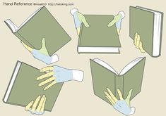 four hands are holding open books with gloves on them