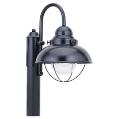 an outdoor post light with a black lamp on the top and one light attached to it