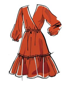 an orange dress with long sleeves and ruffles on the skirt is drawn by hand