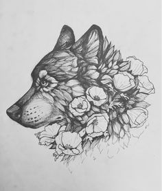 a drawing of a wolf with flowers on it's head