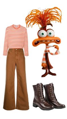 the muppet is wearing brown pants and striped shirt