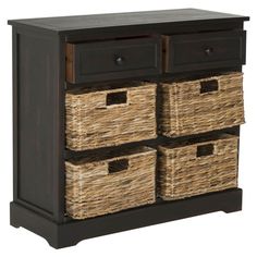 a wooden cabinet with wicker baskets on the bottom and two drawers below, against a white background