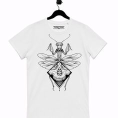 a white t - shirt with a drawing of a bee on it