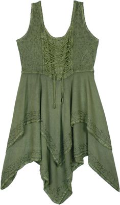 A vintage-style free-flowing sleeveless rayon dress with an asymmetrical hemline and fine embroidery details. This high-low western dress has a scooped neckline, a relaxed flowy silhouette, an adjustable tie-up lace at the front, and a partial smocked elastic at the back for a better fit. #tlb #Sleeveless #Stonewash #Embroidered #HighLow #vacationclothing #bohemianfashion #XLPlus #VintageDress #PixieDress Flowy Bohemian Dress With High-low Hem, Bohemian Flowy Dress With High-low Hem, Bohemian High-low Hem Flowy Dress, Bohemian Festival Dresses With Handkerchief Hem, Bohemian Dress With Handkerchief Hem For Festivals, Summer Festival Dress With Asymmetrical Hem, Sleeveless Rayon Dress For Festival, Asymmetrical Hem Dress For Festival, Forest Dress Aesthetic