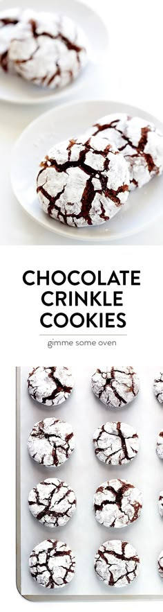 chocolate crinkle cookies on a white plate with text overlay that reads, chocolate crinkle cookies gimme some oven