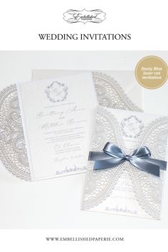 the wedding stationery is designed to look like it has been made with lace and ribbon