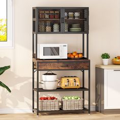 a microwave and some fruit on a shelf