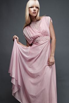 evening dress pink draped drape S goddess empire maxi sheer sleeveless gathered bodice lace trim vin Draping Dress, Vintage 70s Dress, Gathered Bodice, Cotton Maxi Skirts, Vintage Dress 70s, Pink Sheer, Goddess Dress, Pink Maxi, Empire Dress