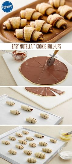 the instructions for how to make nutella cookie roll - ups are shown in three different stages