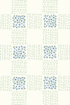 blue flowers and green leaves on a white checkered wallpaper pattern with vertical stripes