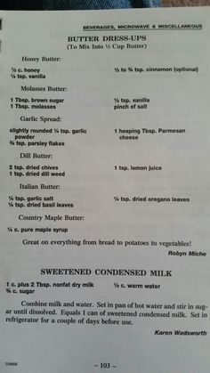 a menu listing the ingredients for buttered cornbread milk