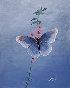 a painting of a blue butterfly on a pink flower