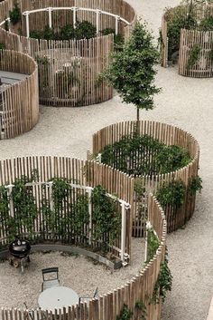 an outdoor seating area made out of wooden slats with trees in the center and benches around it