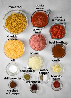 the ingredients to make this pasta recipe are shown in bowls and labeled with their names