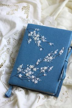 Blue handmade notebook with embroidering flowers Notebook Aesthetic, Book Binding Diy, Notebook Cover Design, Beautiful Notebooks, Writing Accessories