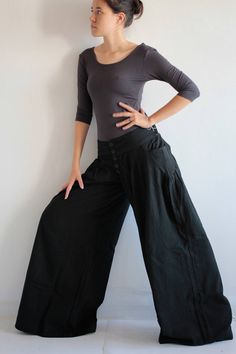 "This pair of pants is made to order! Please write down your measurements. Low waist Hip Out seam (from low waist to ankle) Simple in design, gathered front, with 5 buttons closure. Elastic in the back for flexibility. Low waist design. Super cute pocket on both sides. Long wide leg. Elegant piece. For your reference model is a size 8-10 US with 36\" bust, 30\" waist, 40\" hip and 5'6\" tall. Available in 4 sizes S Waist max 28-36\" Crotch to waist 22\" Hip max 42\" Length out seam 39\" Length i Pants Custom, Womens Pants, Super Cute Dresses, Pants Wide Leg, Leather Shorts, Pair Of Pants, Low Waist, Long Pants, Custom Made