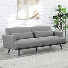 a gray couch sitting on top of a white rug next to a potted plant