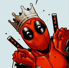 a deadpool with a crown on his head holding a cell phone in one hand