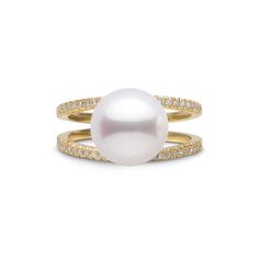 The arches of this ring bridge the 9.0-10.0 mm Freshadama pearl for a charming statement. With delicate curves of solid gold, the pearl appears to balance between the two diamond bands while being held securely in place. Freshadama pearls are sorted highest .01% of the freshwater pearl harvest each year. These pearls are exceptionally difficult to collect, and we've been proudly offering them for decades through our exclusive partnerships in Asia. With less than 5% deviation from a perfectly rou Saltwater Pearls, Pearl And Diamond Ring, Being Held, Pearl Types, Akoya Pearls, The Pearl, Pearl Color, Pearl Size, Pricing Jewelry