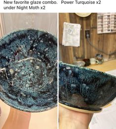 two pictures of a blue bowl being held up by someone's hand and another photo of the same bowl