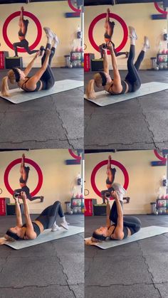 the woman is doing exercises on her yoga mat