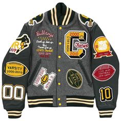 "Bulldogs Full Deco Varsity Jacket Wool body and real leather sleeves. Chenille patches. High quality embroidery. Quilted lining. Size S. Pit to pit 21\". Length 24\". Fits S/M." Off White Varsity Jacket, Varsity Leather Jacket, Off White Jacket, Leather Varsity Jackets, White Patches, Castle Rock, Leather Sleeve, White Embroidery, Yellow Black