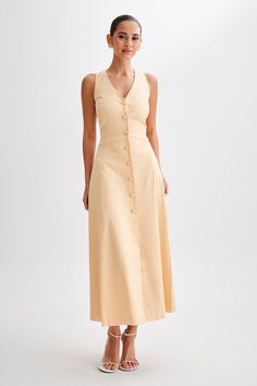 Theodora Cotton Buttoned Midi Dress - Peach Classic V-neck Midi Dress For Summer, Elegant Fitted V-neck Dress With Button Closure, Elegant V-neck Midi Dress With Buttons, Elegant V-neck Dress With Buttons, Summer Dress With Notched Neckline And Button Closure, Classic V-neck Midi Dress With Buttons, Elegant V-neck Dress With Buttons For Spring, Spring Dress With Buttons And Notched Neckline, Elegant V-neck Maxi Dress With Button Closure