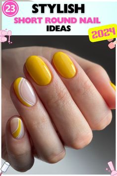 Bold yellow and white swirl short round nails, gel polish, vibrant and energetic, ideal for making a statement at parties or fun gatherings, featuring a glossy finish. Nail Ideas