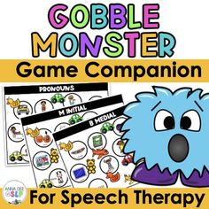 a game companion for speech therapy with the words gobble monster and an image of a blue