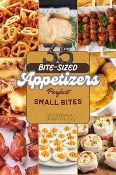 A variety of bite size appetizers including deviled eggs, sliders, bacon wrapper bites, and more.