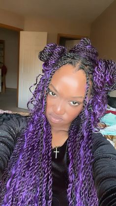 purple braids Purple And Brown Hair Black Women, Purple Island Twist, Purple Boho Knotless Braids, Purple Twists Black Women, Butterfly Locs Purple, Purple And Black Braids Hairstyles, Indigo Braids, Purple Passion Twists, Purple French Curls Braids