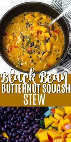 black bean butternut squash stew in a cast iron skillet