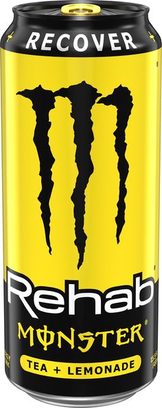 a can of monster energy drink with the word, rehab monster tea and lemonade