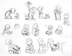 several drawings of children playing and sitting on the floor, one is holding a teddy bear