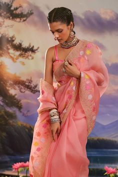 Peach silk tissue saree with floral and zari embroidery. Comes with a tissue chanderi blouse. - Aza Fashions Saree With Sleeveless Blouse, Silk Tissue Saree, Peach Saree, Zari Embroidery, Tissue Saree, Saree Silk, Types Of Work, Blouse For Women, Aza Fashion