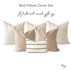 four pillows with the words bed pillow cover set, natural and softs on them