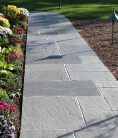 a stone walkway in the middle of a garden with flowers growing along it's sides