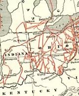 an old map with red lines in the middle and two cities on each one side