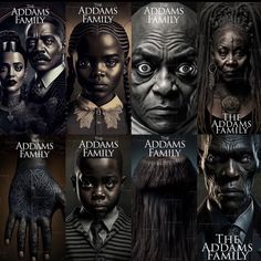 the addams family movie poster with all their faces and hands in different styles, from black to white