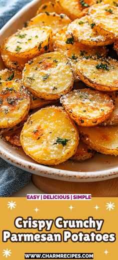 crispy crunchy parmesan potatoes on a platter with text overlay