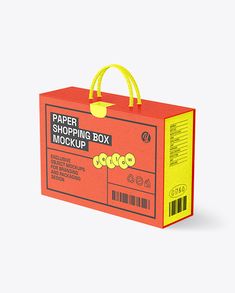 a paper shopping box mockup with yellow handles