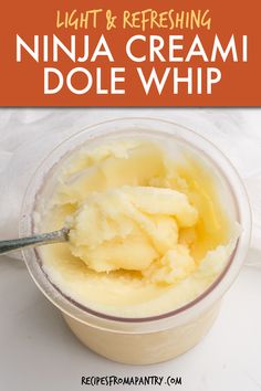 a bowl filled with whipped cream and the words light & refreshing ninja cream dole whip