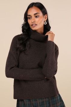 Take a walk on the cozy side all season long in the Lulus Found the Warmth Dark Brown Turtleneck Pullover Sweater! Soft and stretchy sweater knit shapes this closet-essential sweater that has a chic turtleneck, long raglan-style sleeves, and a relaxed, wide-cut bodice. Contrasting ribbed knit accents the neckline, cuffs, and hem. Fit: This garment fits true to size. Length: Size medium measures 22.5" from shoulder to hem. Bust: Great for any cup size. Waist: Not Fitted - comfortable room through Chic Cashmere Turtleneck For Fall, Brown Turtleneck Sweater For Layering, Cozy Fit Funnel Neck Soft Knit Sweater, Chic Funnel Neck Fall Sweater, Versatile Ribbed Cuffs Sweater For Fall, Versatile Ribbed Cuff Sweater For Fall, Cozy Fit Soft Knit Funnel Neck Sweater, Versatile Sweater With Ribbed Cuffs For Fall, Fall Textured Knit Turtleneck